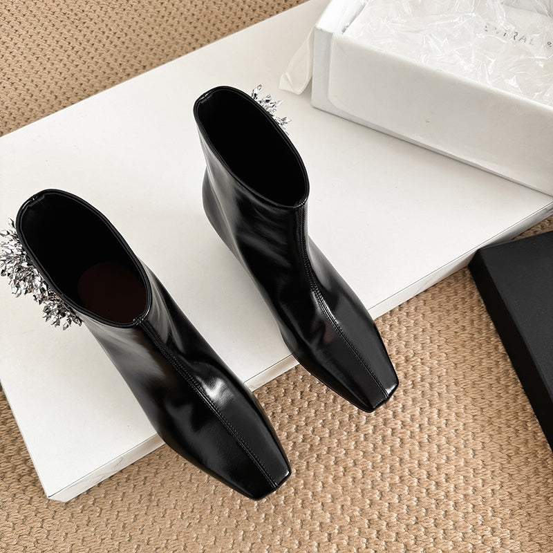 Karin Luna Elegant Style Square Toe Flower Design Height Increasing Short Boots with Two Front and Back Options