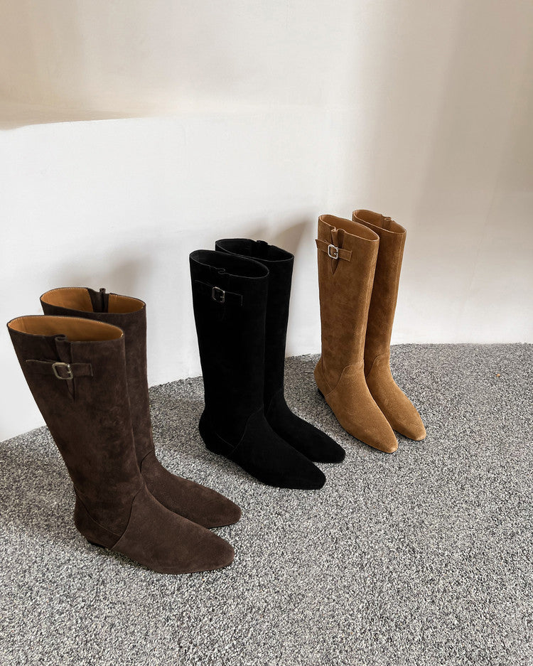 Karin Luna In Stock Spot Goods Vintage Cowhide Leather Chunky Heel Height Increasing Long Boots