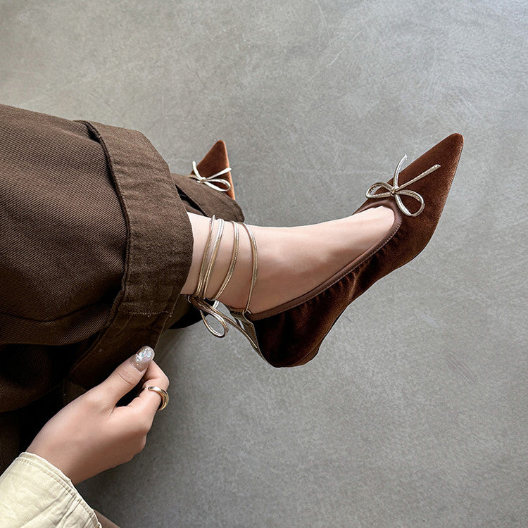 Karin Luna In Stock In Stock Retro Velvet Pointed Toe Bowknot Single Shoes