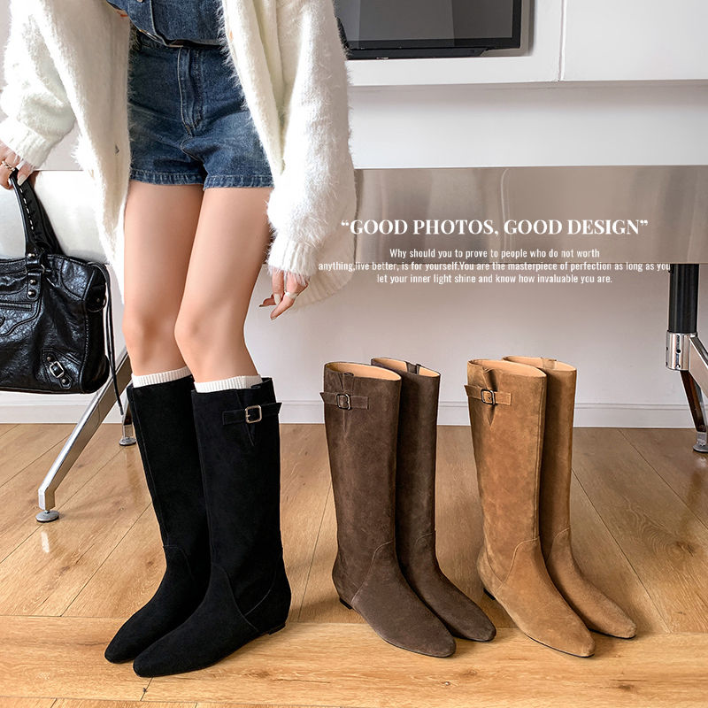 Karin Luna In Stock Spot Goods Vintage Cowhide Leather Chunky Heel Height Increasing Long Boots