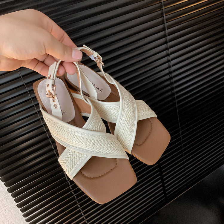 Karin Luna In Stock  Spot Goods Woven Style  Cross-strap Vacation Style Flat Sandals