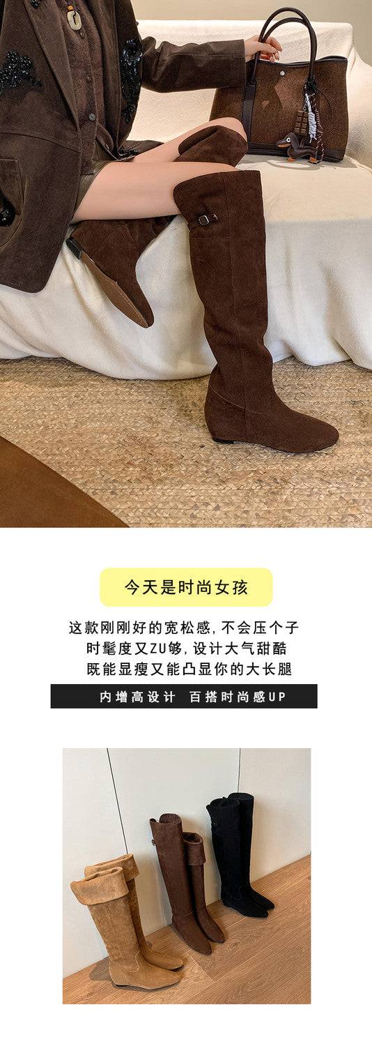 Karin Luna In Stock Spot Goods Vintage Cowhide Leather Two-Way Wear Pointed Toe Height-Increasing Long Boots
