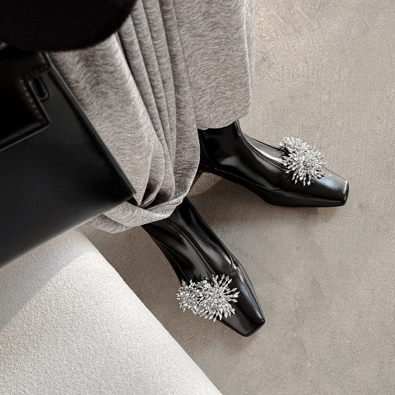 Karin Luna Elegant Style Square Toe Flower Design Height Increasing Short Boots with Two Front and Back Options