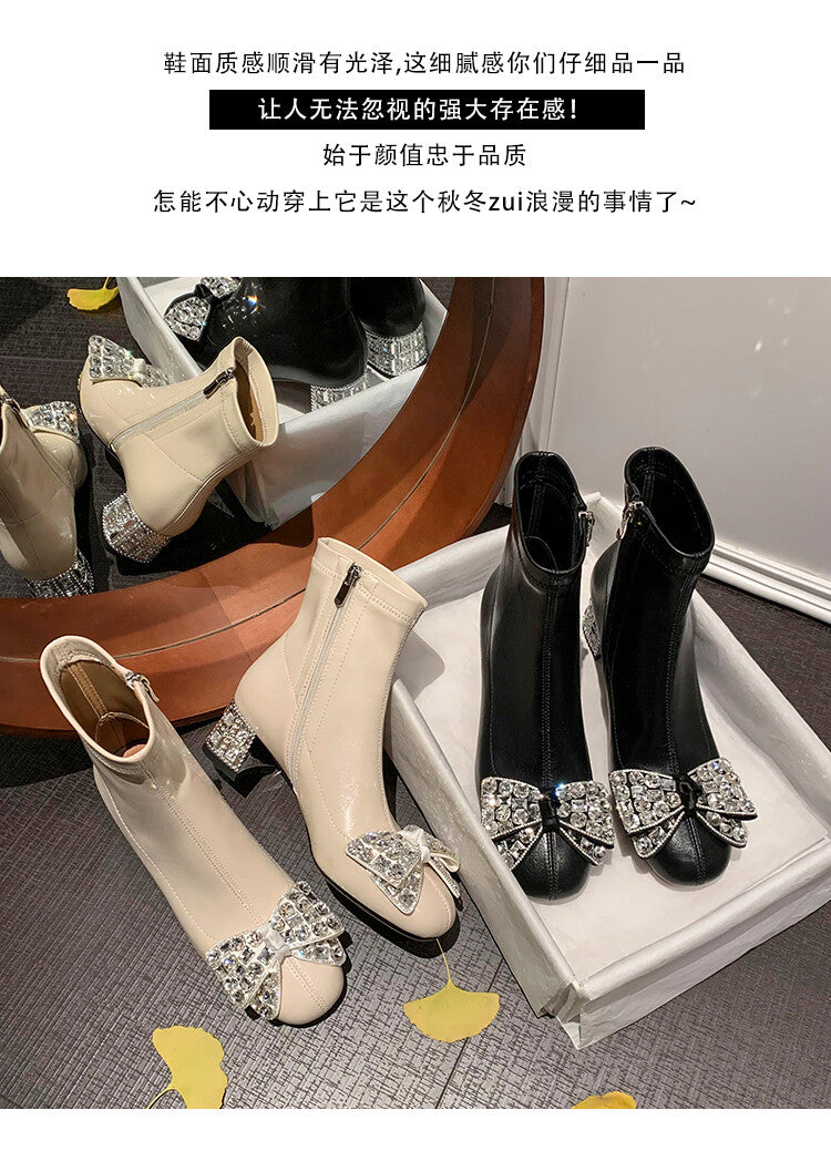 Karin Luna In Stock   Rhinestone Bow Thick Heel Slim Boots