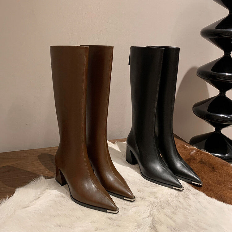Karin Luna In Stock  In Stock Elegant Metal Pointed Toe Chunky Heel Full Cowhide Leather Riding Boots