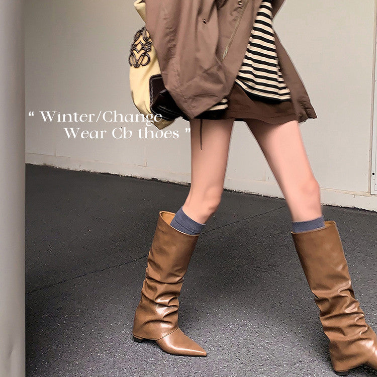 Karin Luna Elegant Style Pointed Toe Hidden Wedge Long Boots