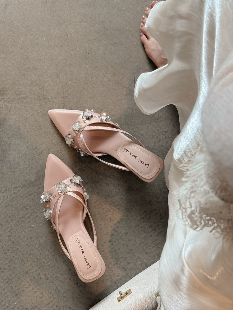 Karin Luna Bestseller Sequin Elements Elegant Pointed Toe Irregular Heel Slippers