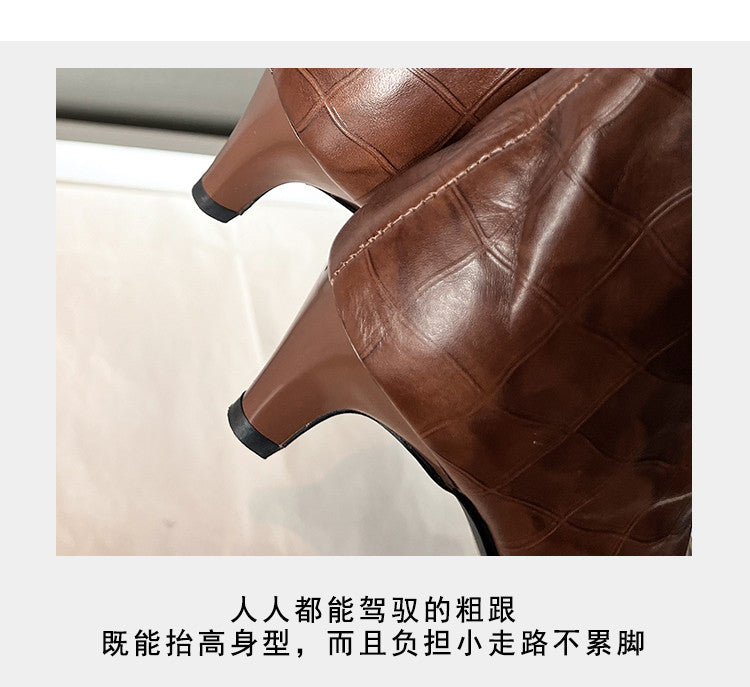 Karin Luna In Stock Spot Goods Top Layer Stone Pattern Cowhide Textured Small Square Toe Straight Short Boots