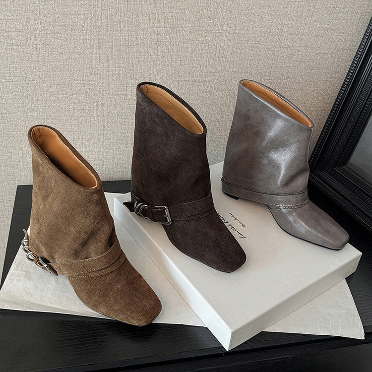 Karin Luna Data Hot Item Square Toe Hidden Wedge Belt Buckle Suede Ankle Boots