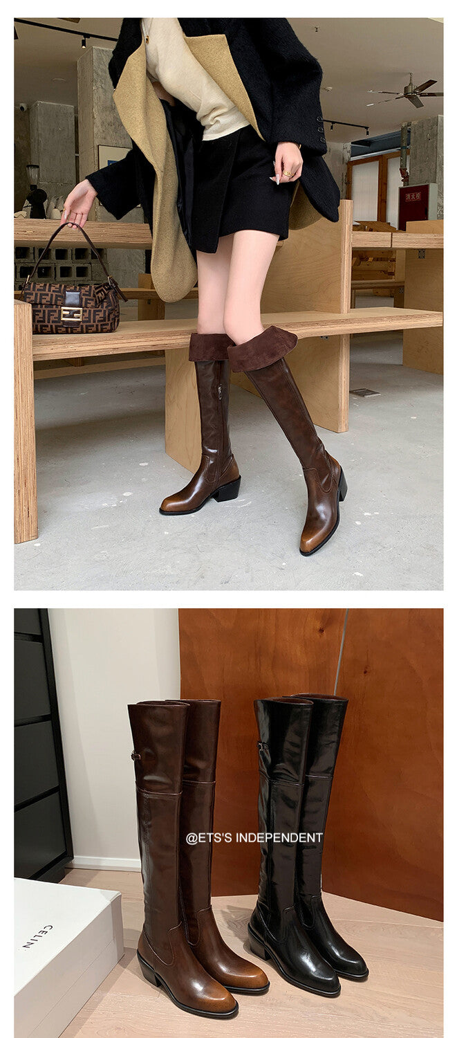 Karin Luna exploded  Three versions exploded Single Fleece Lining Fur Collar Version  Thick Fur Collar Foldable Hot-Selling Full Cowhide Pointed Toe Chunky Heel Classic Style