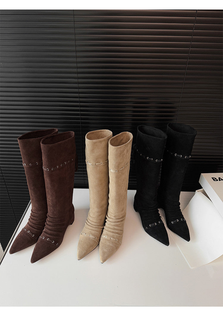 Karin Luna Elegant Style  Pointed Toe Pleated Hidden Wedge Western Boots