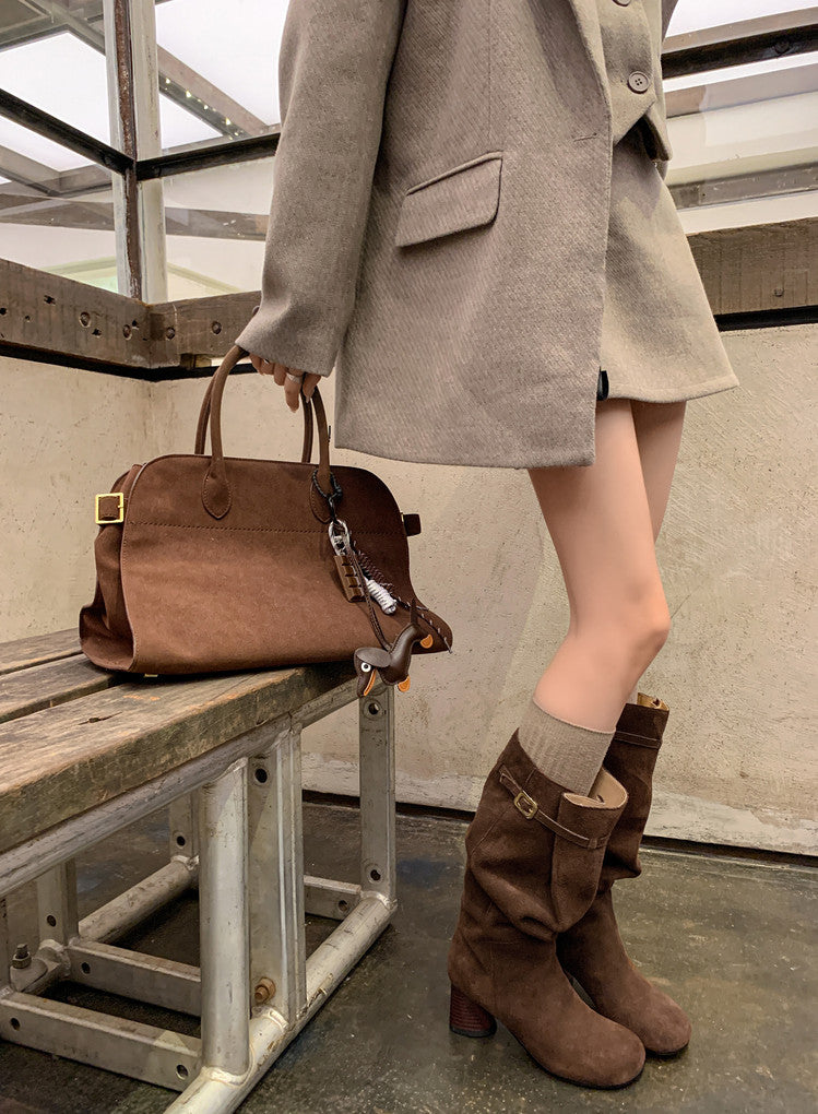Karin Luna In Stock In Stock Mango Head Large Tube Belt Buckle Chunky Heel Long Boots
