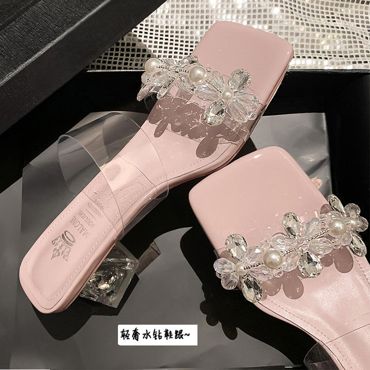 Karin Luna In Stock Spot Goods  Always in stock Square Toe Sweet Rhinestone Crystal Heel Slippers