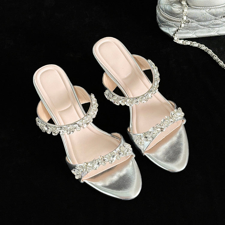 Karin Luna Exquisite Round Toe One-Strap Rhinestone Thin Heel Slippers