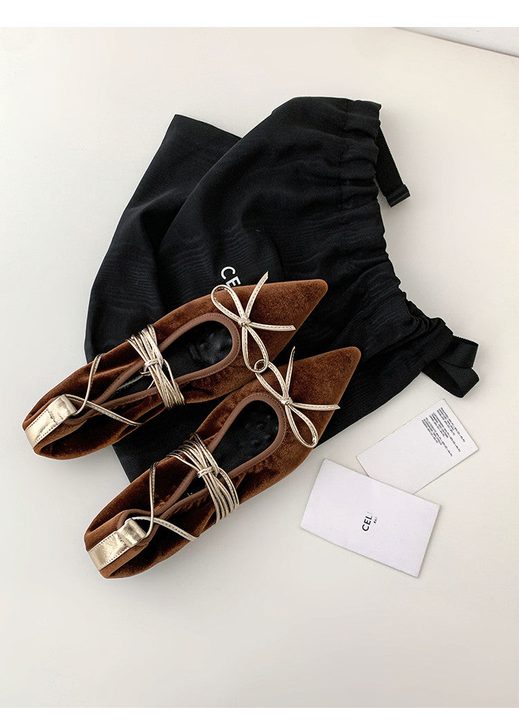 Karin Luna In Stock In Stock Retro Velvet Pointed Toe Bowknot Single Shoes