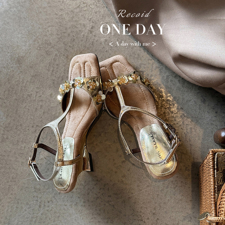 Karin Luna Hot-Selling Sequin Floral Series ~  Square Toe Irregular Heel Square Toe Sandals