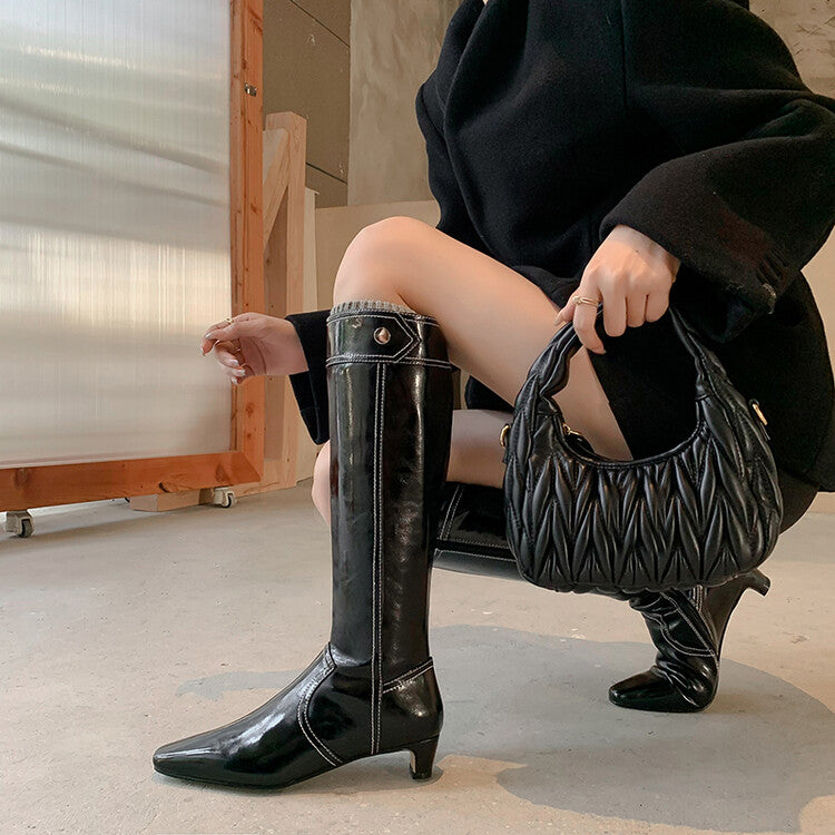Karin Luna In Stock Spot Goods  Vintage Open Stitch Small Square Toe High Heel Side Zipper Riding Boots