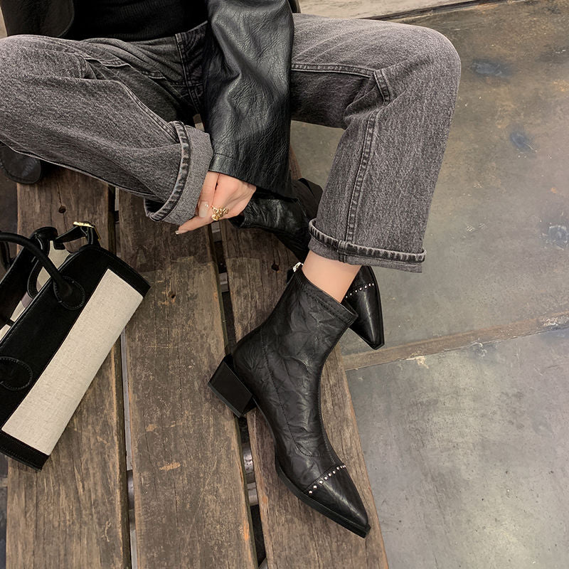 Karin Luna In Stock In Stock Slim Boots Series~Pointed Toe Rivet Slim Short Boots