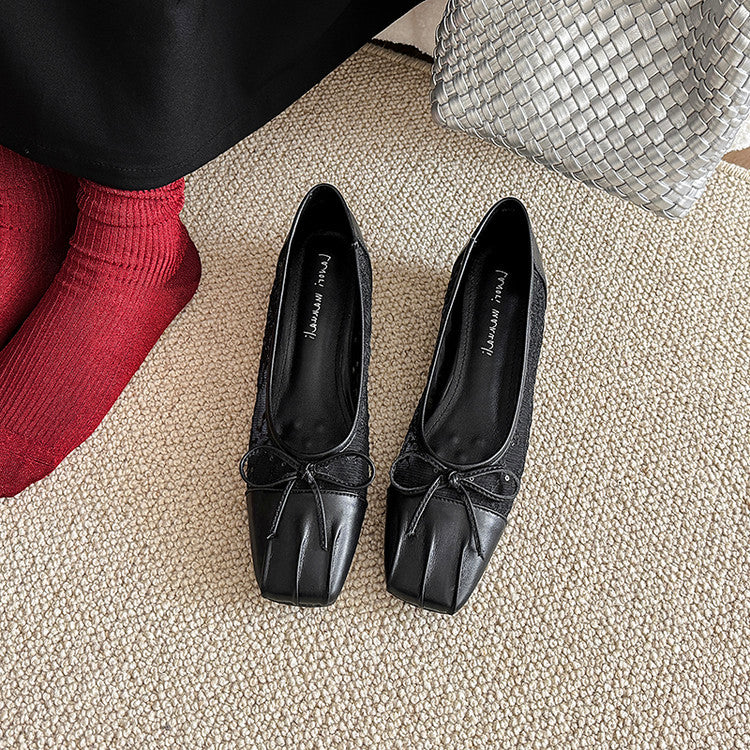 Karin Luna In Stock In Stock  Wrinkled Square Toe Patchwork Breathable Mesh Bow Granny Shoes