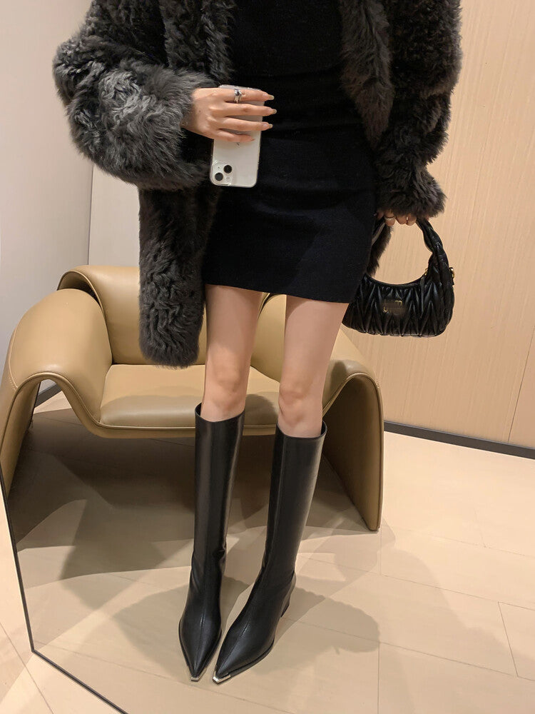 Karin Luna In Stock  In Stock Elegant Metal Pointed Toe Chunky Heel Full Cowhide Leather Riding Boots