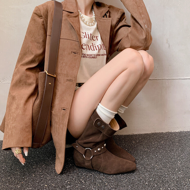 Karin Luna has prepared stock  Hot-Selling Retro Pointed Toe Wedge Metal Buckle High Tube Western Boots