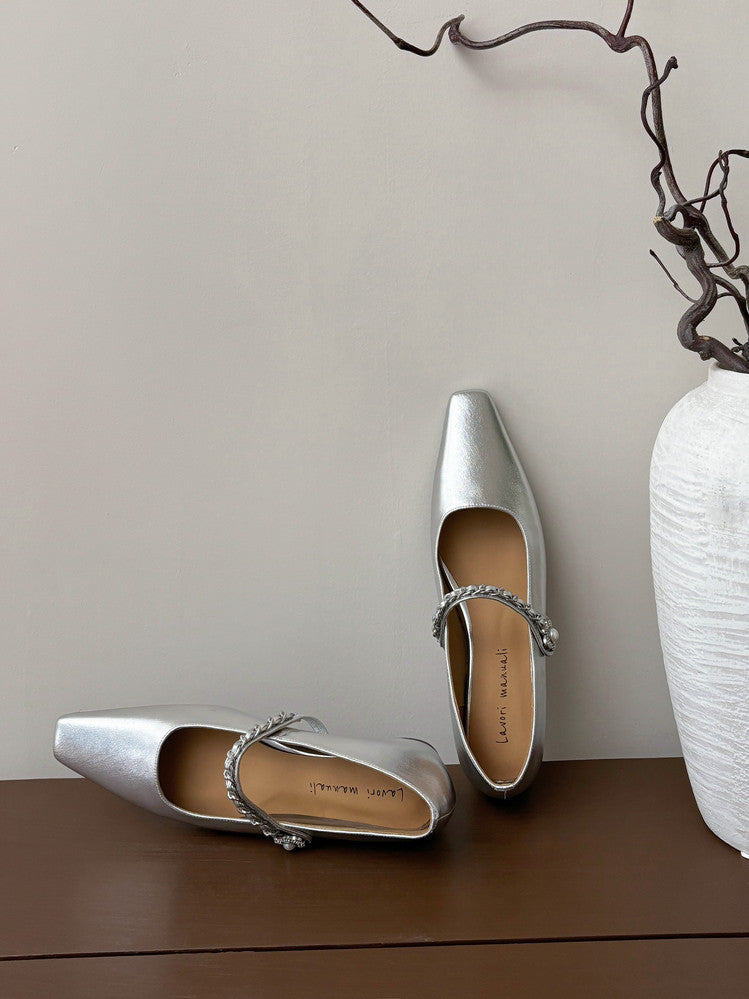 Karin Luna In Stock In Stock ~Metal One-Strap Pearl Small Square Toe Height-Increasing Flats