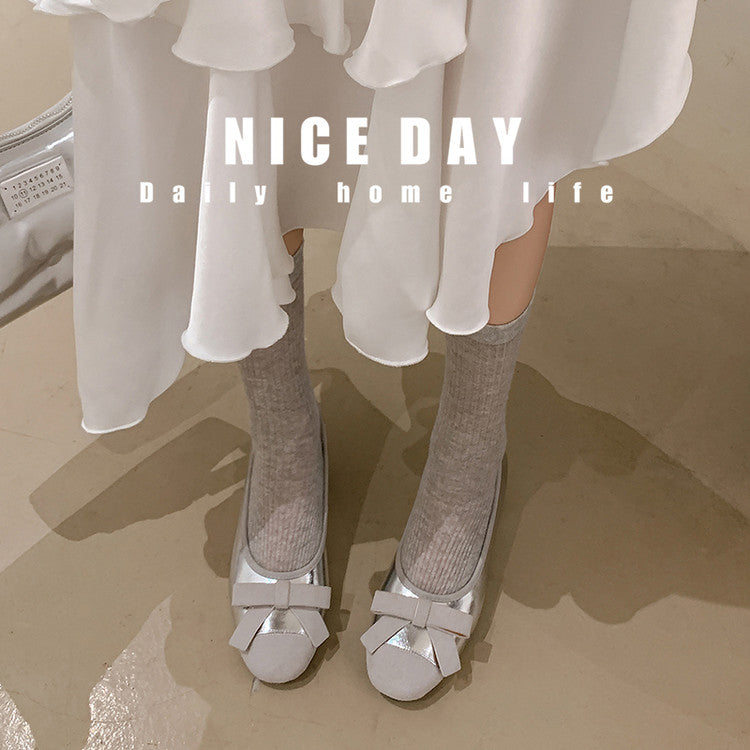 Karin Luna In Stock Spot Goods    Color Block Sweet Bowknot Hidden Wedge Shallow Mouth Flats