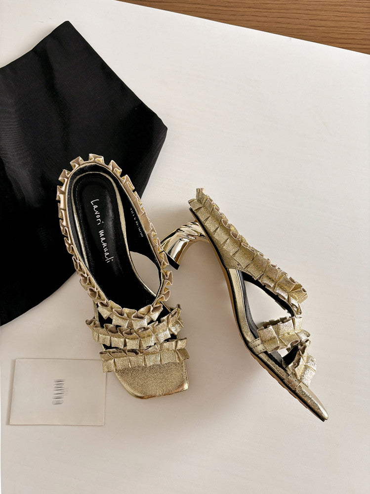Karin Luna In Stock  Spot Goods  Unique Square-Toe Pleated Lace Sandals