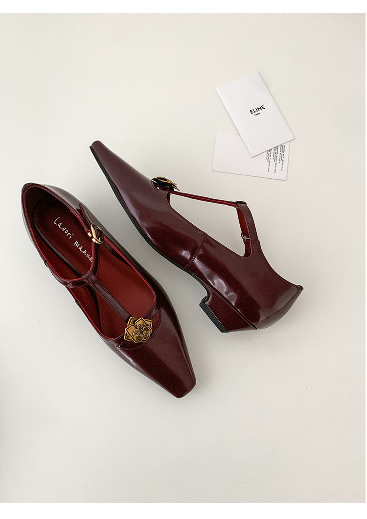 Karin Luna In Stock Spot Goods    Retro Classic Metal Camellia Irregular Heel Single Shoes