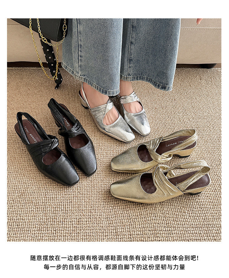 Karin Luna In Stock  Spot Goods Small Square Toe Wrinkled Chunky Heel Closed-Toe Sandals