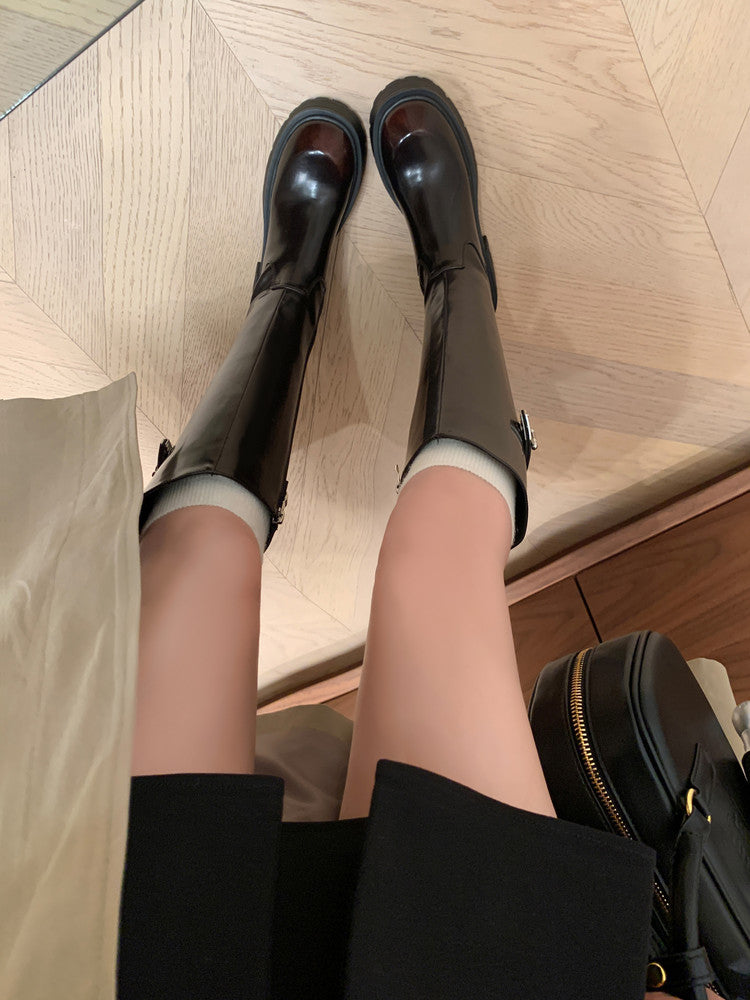Karin Luna In Stock In Stock  Round Toe Thick Sole Belt Buckle Side Zipper Knight Boots