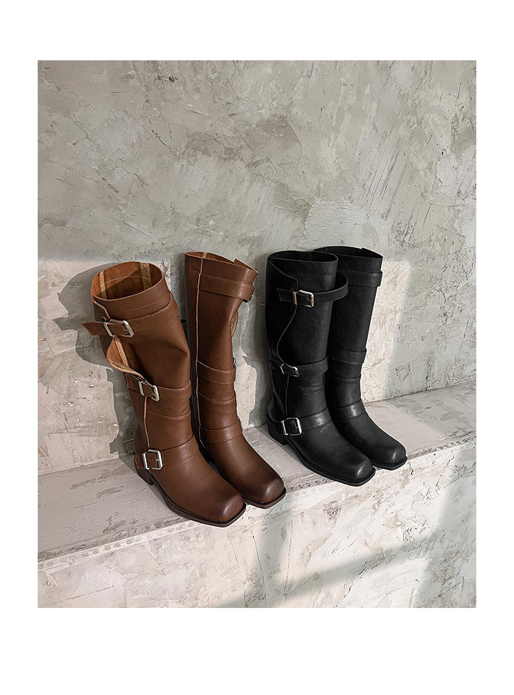 Karin Luna In Stock In Stock European and American Style Square Toe Thick Sole Belt Buckle Long Boots