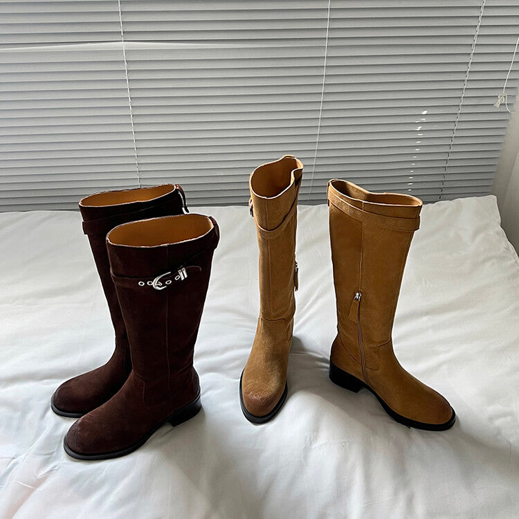 Karin Luna Chunky Heels Round Head Belt Buckle  Fashionable Suede Boots