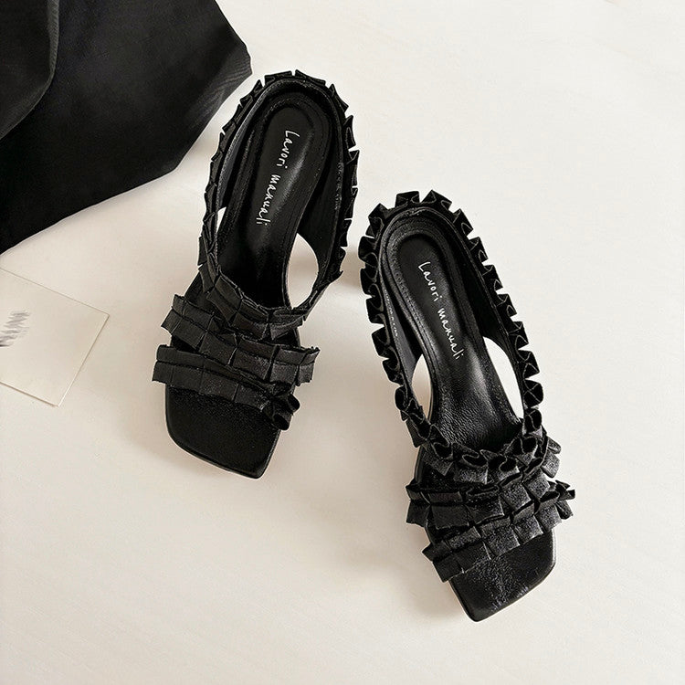 Karin Luna In Stock  Spot Goods  Unique Square-Toe Pleated Lace Sandals