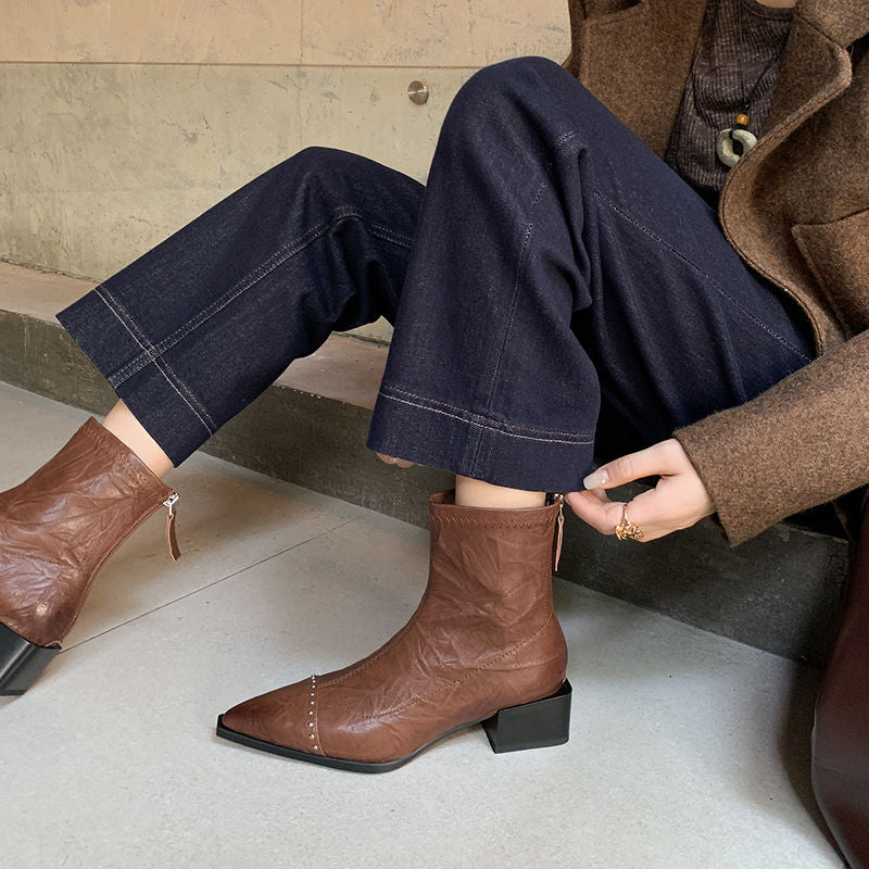 Karin Luna In Stock In Stock Slim Boots Series~Pointed Toe Rivet Slim Short Boots
