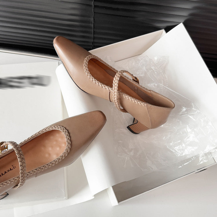 Karin Luna Braided Element Design Chunky Heel Square Toe Single Strap Shoes