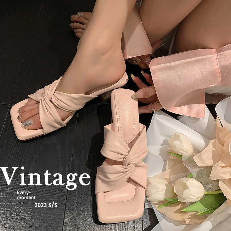 Karin Luna In Stock Spot Goods   Absolutely amazing4Color Cross Strap Thick Heel Square Toe Soft Slippers