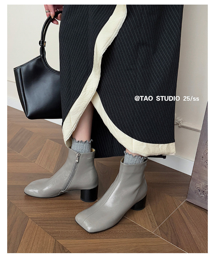 Karin Luna French Style Square Toe Chunky Heel Ankle Boots