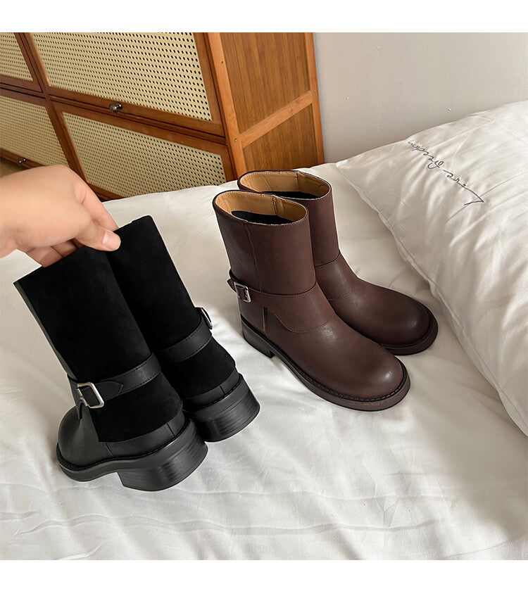 Karin Luna Belt Buckle Chunky Heel Fashion Short Boots