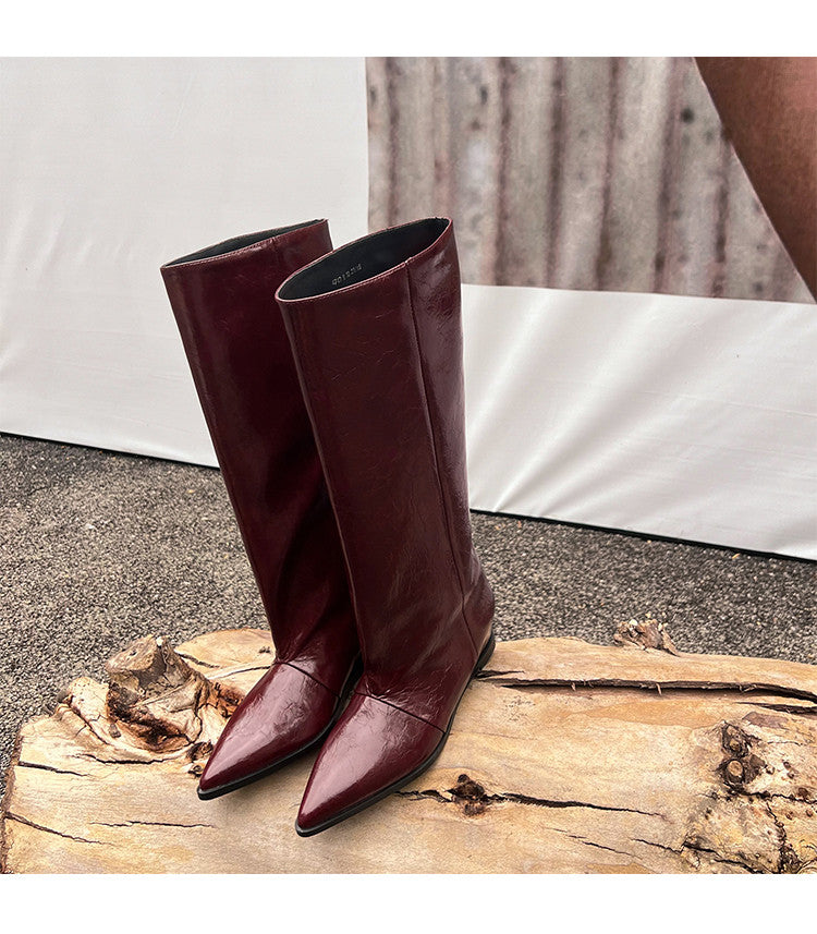 Karin Luna Elegant Style Pointed Toe Internal Height Increase Slip-On Long Boots