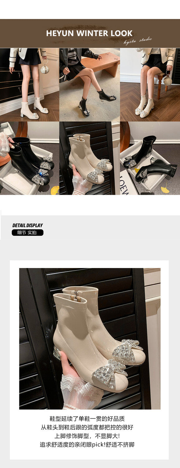 Karin Luna In Stock   Rhinestone Bow Thick Heel Slim Boots