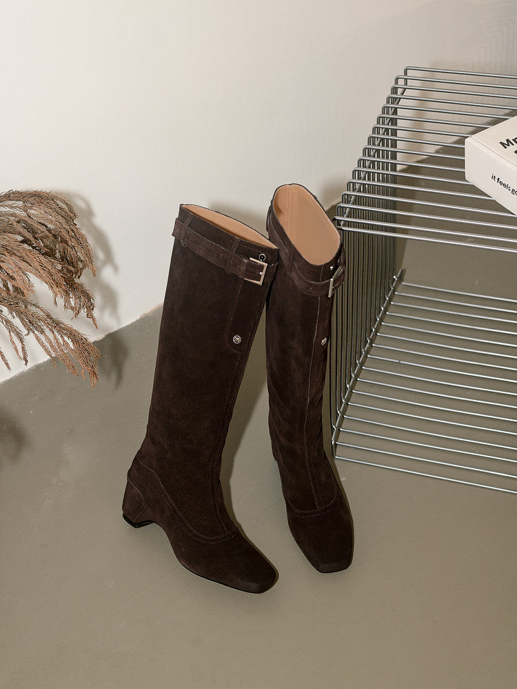 Karin Luna Belt Buckle Elegant Chunky Heel Suede Western Boots