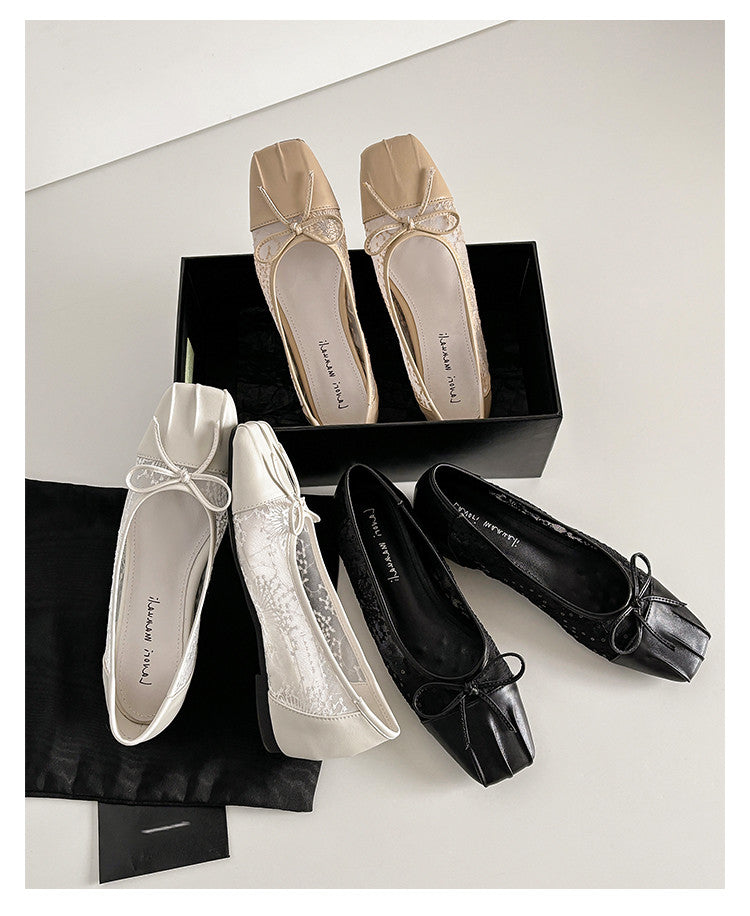 Karin Luna In Stock In Stock  Wrinkled Square Toe Patchwork Breathable Mesh Bow Granny Shoes