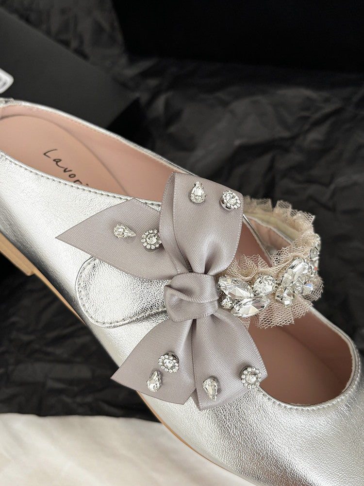 Karin Luna Handmade One-Strap Rhinestone Ribbon Square-Toe Mules