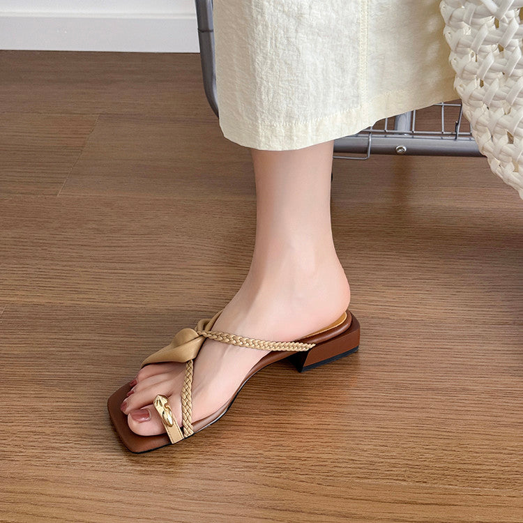 Karin Luna  Square Toe Braided Cross Thick Heel Flat Slippers
