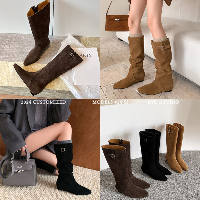 Karin Luna In Stock Spot Goods Vintage Cowhide Leather Chunky Heel Height Increasing Long Boots