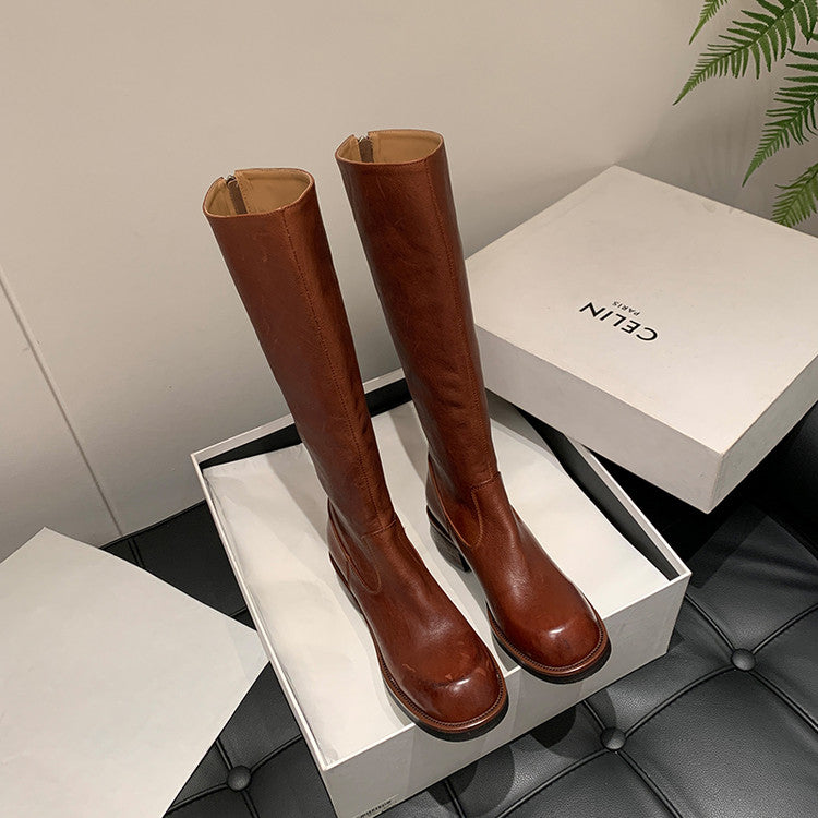 Karin Luna Basic Versatile Style Round Toe Chunky Heel Long Boots