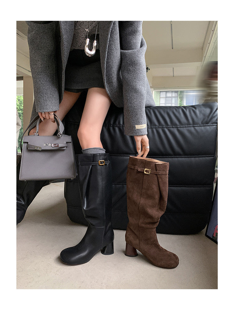 Karin Luna In Stock In Stock Mango Head Large Tube Belt Buckle Chunky Heel Long Boots