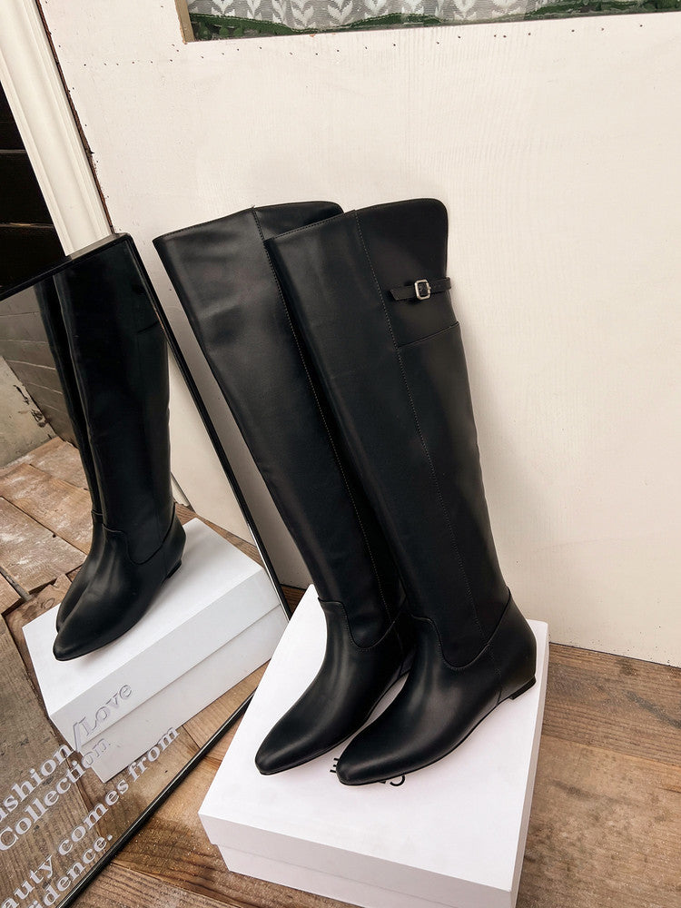 Karin Luna In Stock Spot Goods Vintage Cowhide Leather Two-Way Wear Pointed Toe Height-Increasing Long Boots