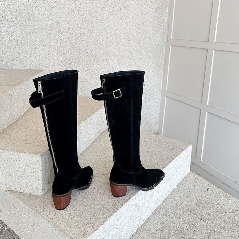 Karin Luna In Stock Spot Goods Retro Cowhide Leather Chunky Heel Suede Long Boots